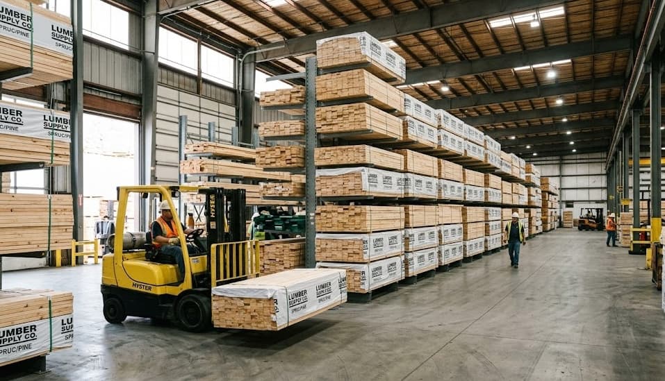 Inside our warehouse — forklift moving pallets of reclaimed lumber