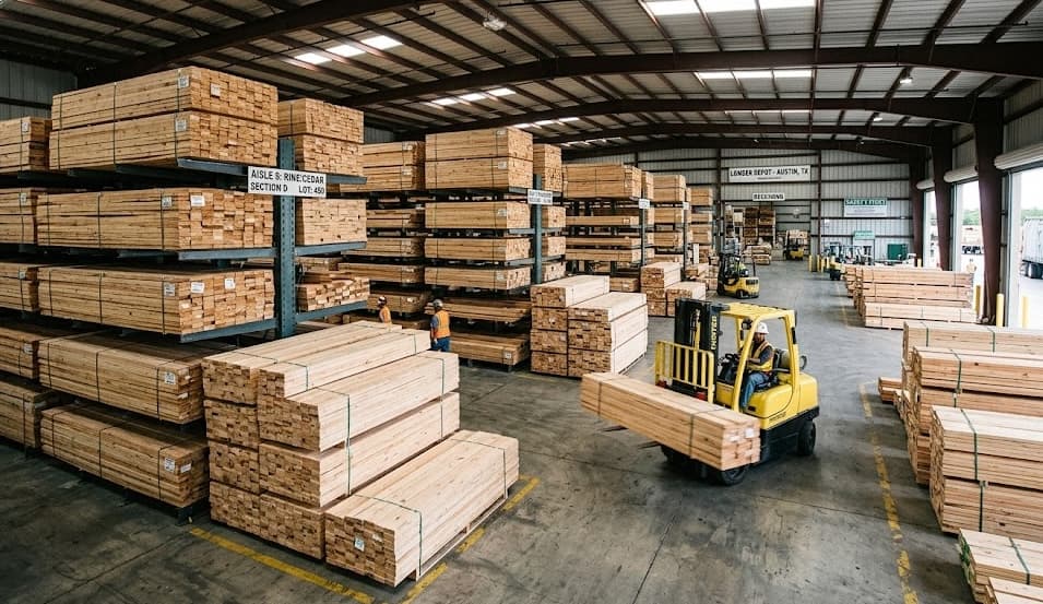Large-scale reclaimed lumber storage facility with organized inventory