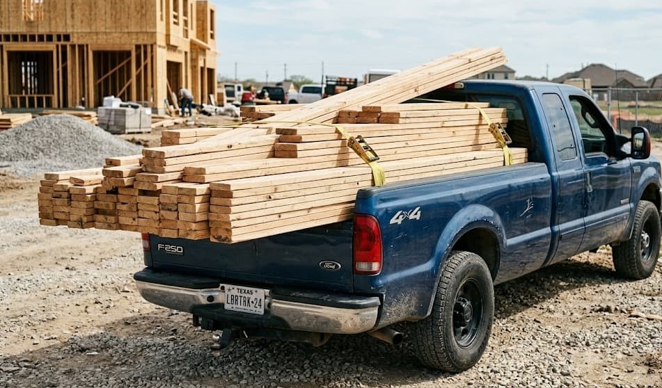 Reclaimed lumber loaded for delivery on a pickup truck at a construction site
